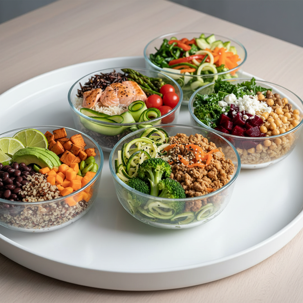 Colorful healthy meal prep with fresh vegetables, fruits and whole grains promoting nutritious eating habits
