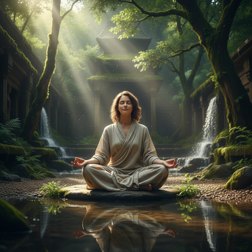Person meditating peacefully in nature promoting mental wellness and stress reduction for healthy living
