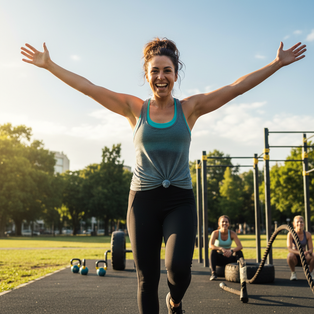Woman celebrating fitness achievement outdoors in natural sunlight — healthy active lifestyle transformation